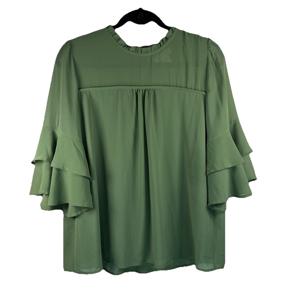Monteau Women's XL Forest Green Double Ruffle Sheer Sleeve Top Cottagecore